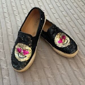 The Children’s Place Girls Black & Gold Sequin Smiley Face Emoji Slip Ons Size 4
